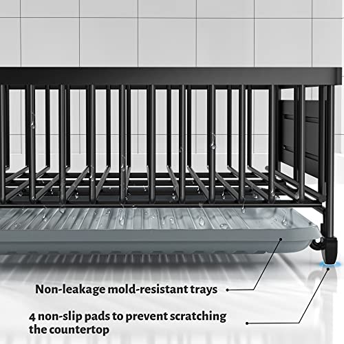2 Pack Dish Drying Rack, Dish Rack Suitable for Little Countertop Space,Installation-Free Metal Dish Drainer with Drainboard Not Limited to The Sink - Dishes Racks Organizer Set (Black)