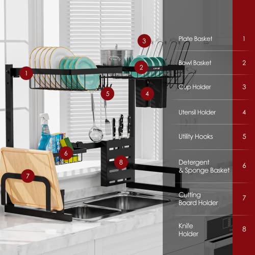 Sakugi Over The Sink Dish Drying Rack - Adjustable (29.5-35.5in) Drying Rack w/Large Capacity, Space-Saving Dish Rack for Kitchen Counter, 2-Tier Dish Drying Rack, Premium Stainless Steel Dish Rack