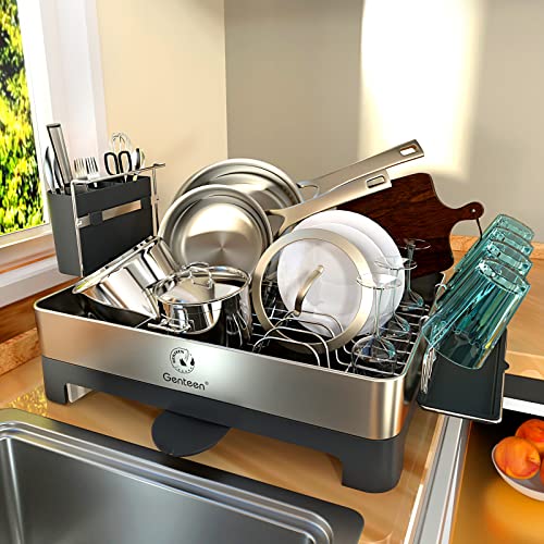 Genteen Dish Drying Rack, Large Dish Drying Rack with Drainboard, Stainless Steel Drying Rack for Kitchen Counter with Swivel Spout Utensil Holder