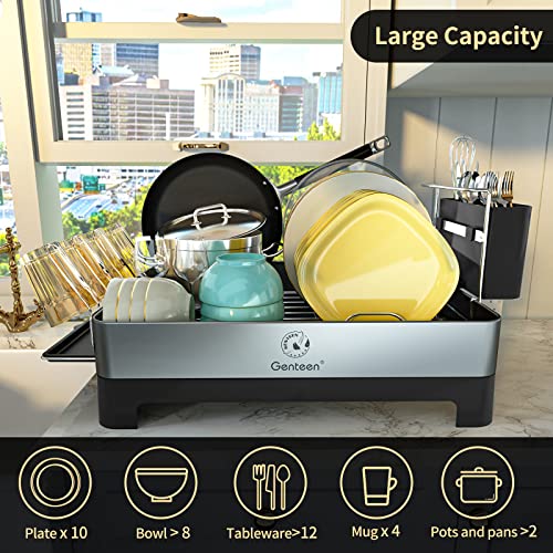Genteen Dish Drying Rack, Large Dish Drying Rack with Drainboard, Stainless Steel Drying Rack for Kitchen Counter with Swivel Spout Utensil Holder