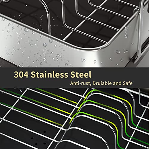 Genteen Dish Drying Rack, Large Dish Drying Rack with Drainboard, Stainless Steel Drying Rack for Kitchen Counter with Swivel Spout Utensil Holder