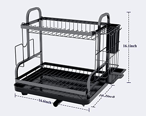 Kitsure Dish Drying Rack -Multifunctional Dish Rack, Rustproof Kitchen Dish Drying Rack with Drainboard & Utensil Holder, 2-Tier Dish Drying Rack