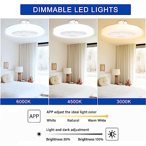 TCFUNDY Ceiling Fan with Light and Bluetooth Speaker, 22" Enclosed Low Profile Ceiling Fans Lights, Dimmable LED Lighting, 6 Wind Speeds Reversible Blades, App & Remote Control, Semi Flush Mount Fan