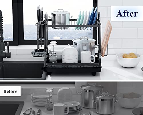 Kitsure Dish Drying Rack -Multifunctional Dish Rack, Rustproof Kitchen Dish Drying Rack with Drainboard & Utensil Holder, 2-Tier Dish Drying Rack