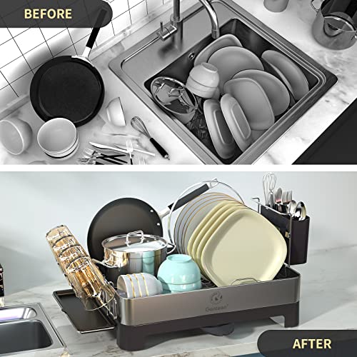 Genteen Dish Drying Rack, Large Dish Drying Rack with Drainboard, Stainless Steel Drying Rack for Kitchen Counter with Swivel Spout Utensil Holder