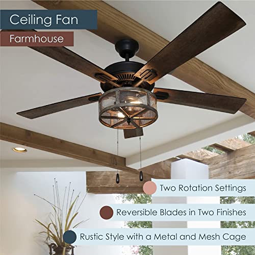 RIVER OF GOODS LED Farmhouse Ceiling Fan - Unique Ceiling Fans with Lights - 52 Inch - Mesh Metal Caged Shade - Brown