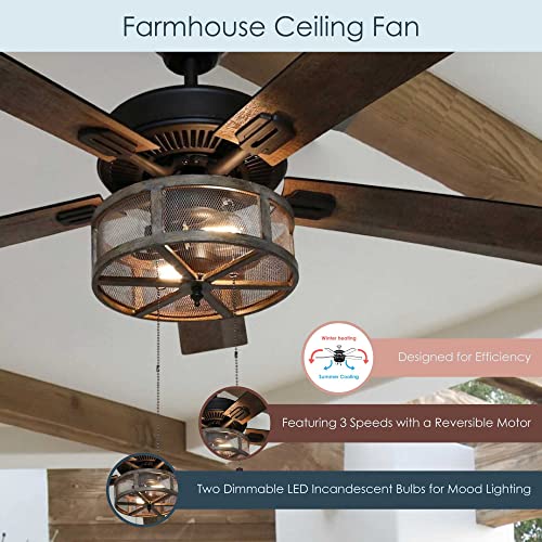 RIVER OF GOODS LED Farmhouse Ceiling Fan - Unique Ceiling Fans with Lights - 52 Inch - Mesh Metal Caged Shade - Brown