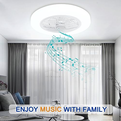 TCFUNDY Ceiling Fan with Light and Bluetooth Speaker, 22" Enclosed Low Profile Ceiling Fans Lights, Dimmable LED Lighting, 6 Wind Speeds Reversible Blades, App & Remote Control, Semi Flush Mount Fan