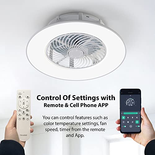 PrimeMall Bladeless Ceiling Fan with Light and Remote Control Low Profile Ceiling Fan 22" Modern Enclosed Multi-Speed Indoor Ceiling Fan 3 Color Temperatures Smart LED Dimmable Lighting Flush Mount