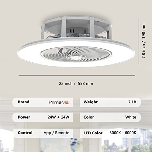 PrimeMall Bladeless Ceiling Fan with Light and Remote Control Low Profile Ceiling Fan 22" Modern Enclosed Multi-Speed Indoor Ceiling Fan 3 Color Temperatures Smart LED Dimmable Lighting Flush Mount