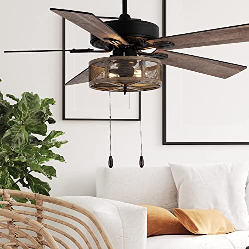 RIVER OF GOODS LED Farmhouse Ceiling Fan - Unique Ceiling Fans with Lights - 52 Inch - Mesh Metal Caged Shade - Brown