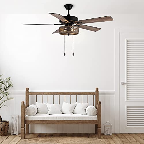 RIVER OF GOODS LED Farmhouse Ceiling Fan - Unique Ceiling Fans with Lights - 52 Inch - Mesh Metal Caged Shade - Brown