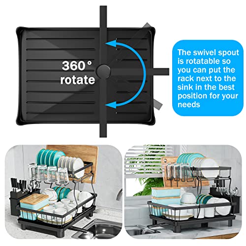 7 code 2-Tier Dish Drying Rack for Kitchen Counter,Detachable Large Capacity Dish Drainer Organizer with Utensil Holder, Drain Board,Black