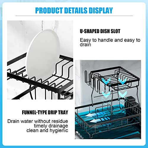 7 code 2-Tier Dish Drying Rack for Kitchen Counter,Detachable Large Capacity Dish Drainer Organizer with Utensil Holder, Drain Board,Black