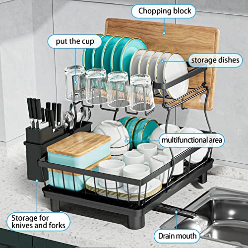 7 code 2-Tier Dish Drying Rack for Kitchen Counter,Detachable Large Capacity Dish Drainer Organizer with Utensil Holder, Drain Board,Black