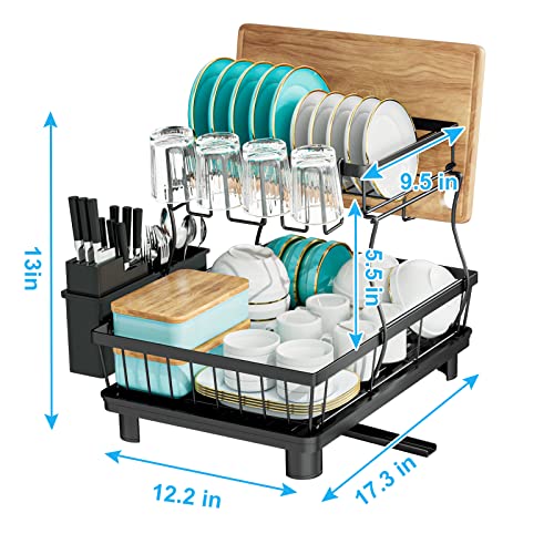 7 code 2-Tier Dish Drying Rack for Kitchen Counter,Detachable Large Capacity Dish Drainer Organizer with Utensil Holder, Drain Board,Black