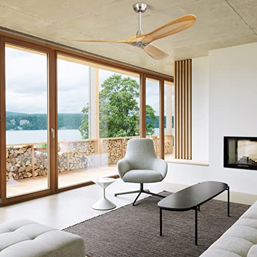 Sofucor 60 Inch Ceiling Fans No Light Modern Ceiling Fan With Remote Control 3 Wood Blades Reversible DC Motor Timer for Kitchen Bedroom Living Room Dining Room Farmhouse (burlywood) KBS6004