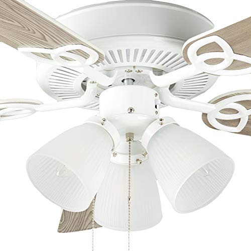 Amazon Basics 52-Inch Ceiling Fan, Includes Dimmable LED Light Kit With Three Candelabra Base LED Light Bulbs, Five Reversible Blades, White Finish
