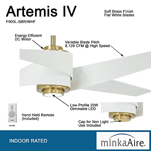 MINKA-AIRE F903L-SBR/WHF Artemis IV 64" Ceiling Fan with LED Light and DC Motor in Soft Brass/Flat White Finish