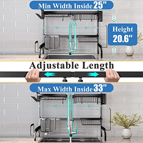 Over The Sink Dish Drying Rack, Adjustable (25.5 to 33.5 inch) 2 Tier Dish Drying Racks for Kitchen Counter with Paper Towel Holder Cup Utensil Holder ChoppingBoard Holder Sink Caddy Hooks, Black