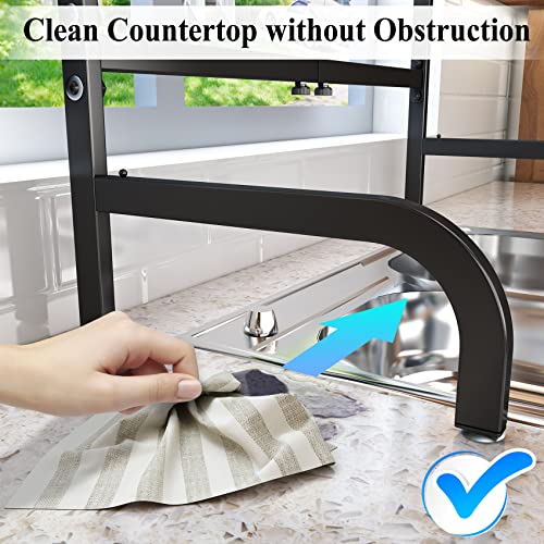 Over The Sink Dish Drying Rack, Adjustable (25.5 to 33.5 inch) 2 Tier Dish Drying Racks for Kitchen Counter with Paper Towel Holder Cup Utensil Holder ChoppingBoard Holder Sink Caddy Hooks, Black