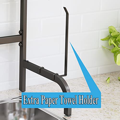 Over The Sink Dish Drying Rack, Adjustable (25.5 to 33.5 inch) 2 Tier Dish Drying Racks for Kitchen Counter with Paper Towel Holder Cup Utensil Holder ChoppingBoard Holder Sink Caddy Hooks, Black