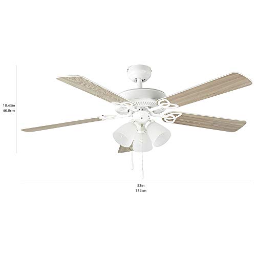 Amazon Basics 52-Inch Ceiling Fan, Includes Dimmable LED Light Kit With Three Candelabra Base LED Light Bulbs, Five Reversible Blades, White Finish
