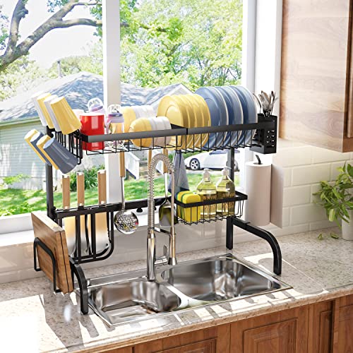 Over The Sink Dish Drying Rack, Adjustable (25.5 to 33.5 inch) 2 Tier Dish Drying Racks for Kitchen Counter with Paper Towel Holder Cup Utensil Holder ChoppingBoard Holder Sink Caddy Hooks, Black