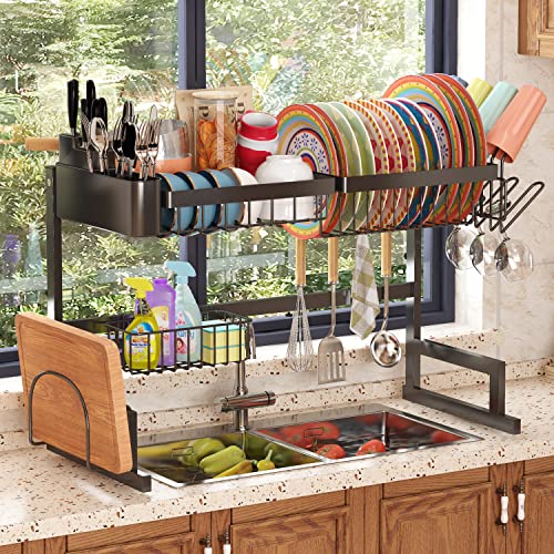 ADBIU 【Fit Sink 24"- 35.5" L Over The Sink Dish Drying Rack (Expandable Height and Length) Snap-On Design 2 Tier Large Dish Rack Stainless Steel Kitchen Count Organization and Storage