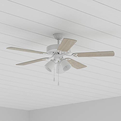 Amazon Basics 52-Inch Ceiling Fan, Includes Dimmable LED Light Kit With Three Candelabra Base LED Light Bulbs, Five Reversible Blades, White Finish