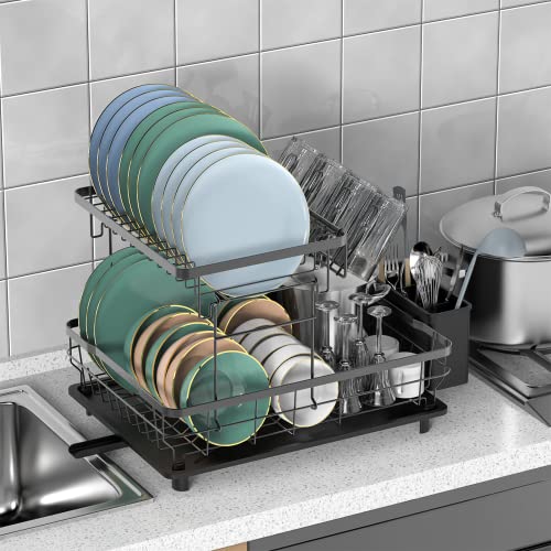 LIONONLY Large Dish Drying Rack with Drainboard, 2 Tier Stainless Steel Drying Racks for Kitchen Counter,Detachable Dish Drainer Organizer Shelf with Utensil Holder Set (Black)