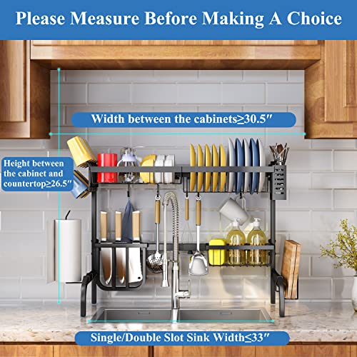 Over The Sink Dish Drying Rack, Adjustable (25.5 to 33.5 inch) 2 Tier Dish Drying Racks for Kitchen Counter with Paper Towel Holder Cup Utensil Holder ChoppingBoard Holder Sink Caddy Hooks, Black