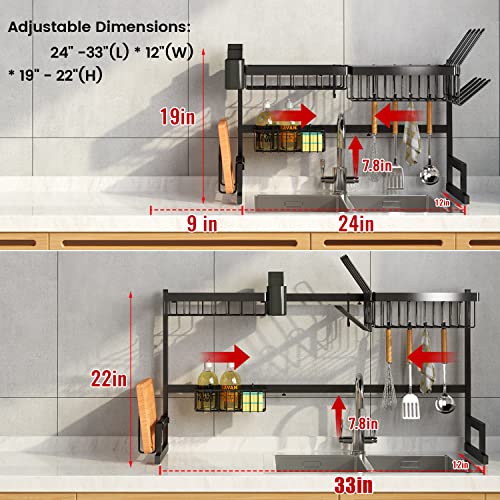 ADBIU 【Fit Sink 24"- 35.5" L Over The Sink Dish Drying Rack (Expandable Height and Length) Snap-On Design 2 Tier Large Dish Rack Stainless Steel Kitchen Count Organization and Storage