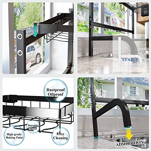 Over The Sink Dish Drying Rack, Adjustable (25.5 to 33.5 inch) 2 Tier Dish Drying Racks for Kitchen Counter with Paper Towel Holder Cup Utensil Holder ChoppingBoard Holder Sink Caddy Hooks, Black