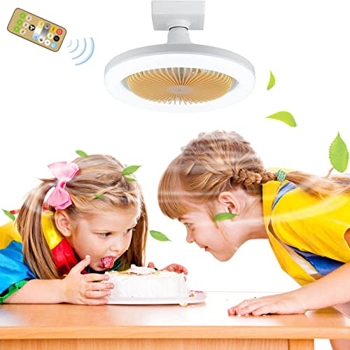 Upgrade E27 Ceiling Fan with Lights & Remote - Stepless Dimming LED Modern Enclosed Low Profile Ceiling Fan with 3 Speeds, Timing Function, Sleep Mode, Silent for Living Room, Bedroom (#001)