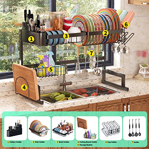ADBIU 【Fit Sink 24"- 35.5" L Over The Sink Dish Drying Rack (Expandable Height and Length) Snap-On Design 2 Tier Large Dish Rack Stainless Steel Kitchen Count Organization and Storage
