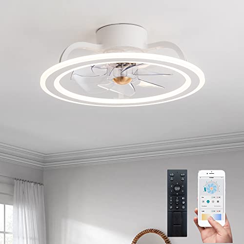 EKIZNSN 20'' Bladeless Modern Indoor Flush Mount Ceiling Fan with Lights and Remote, APP Control White Low Profile Ceiling Fans for Bedroom/Small Room
