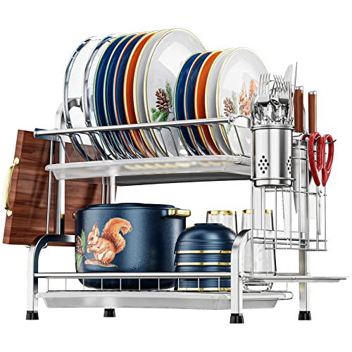 iSPECLE Dish Drying Rack, 304 Stainless Steel 2-Tier Dish Rack with Utensil Holder, Cutting Board Holder and Dish Drainer for Kitchen Counter