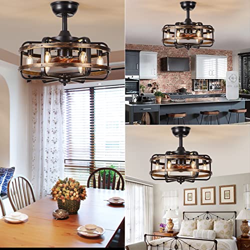 IYUNXI Ceiling Fan with Lights, Farmhouse Light Caged, 18in Industrial Flush Mount Fan Lights Ceiling Fixtures Vintage Bladeless Ceiling Fans Remote Control Bedroom 6xE12 Bulb Base