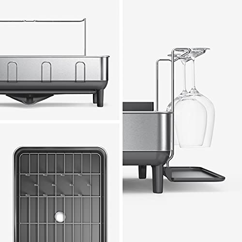 simplehuman Kitchen Dish Drying Rack With Swivel Spout, Fingerprint-Proof Stainless Steel Frame, Grey Plastic, 2022 Model