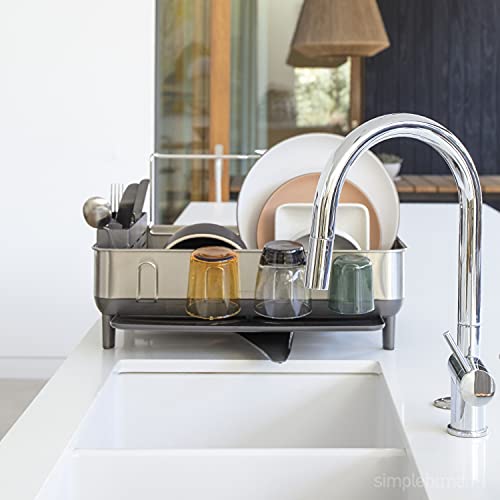 simplehuman Kitchen Dish Drying Rack With Swivel Spout, Fingerprint-Proof Stainless Steel Frame, Grey Plastic, 2022 Model