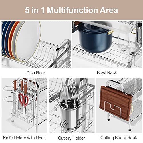 iSPECLE Dish Drying Rack, 304 Stainless Steel 2-Tier Dish Rack with Utensil Holder, Cutting Board Holder and Dish Drainer for Kitchen Counter