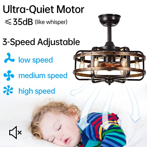 IYUNXI Ceiling Fan with Lights, Farmhouse Light Caged, 18in Industrial Flush Mount Fan Lights Ceiling Fixtures Vintage Bladeless Ceiling Fans Remote Control Bedroom 6xE12 Bulb Base
