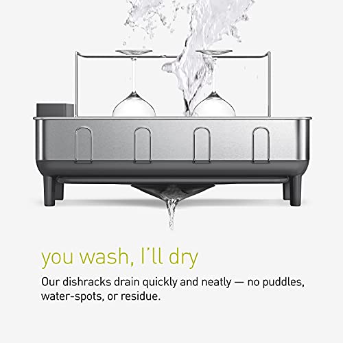 simplehuman Kitchen Dish Drying Rack With Swivel Spout, Fingerprint-Proof Stainless Steel Frame, Grey Plastic, 2022 Model