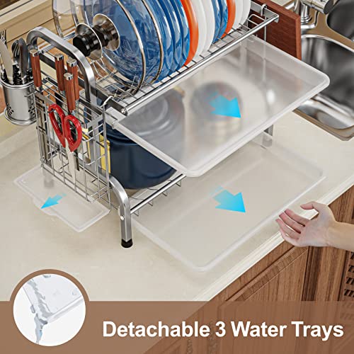 iSPECLE Dish Drying Rack, 304 Stainless Steel 2-Tier Dish Rack with Utensil Holder, Cutting Board Holder and Dish Drainer for Kitchen Counter