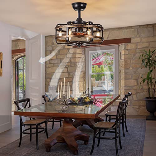 IYUNXI Ceiling Fan with Lights, Farmhouse Light Caged, 18in Industrial Flush Mount Fan Lights Ceiling Fixtures Vintage Bladeless Ceiling Fans Remote Control Bedroom 6xE12 Bulb Base