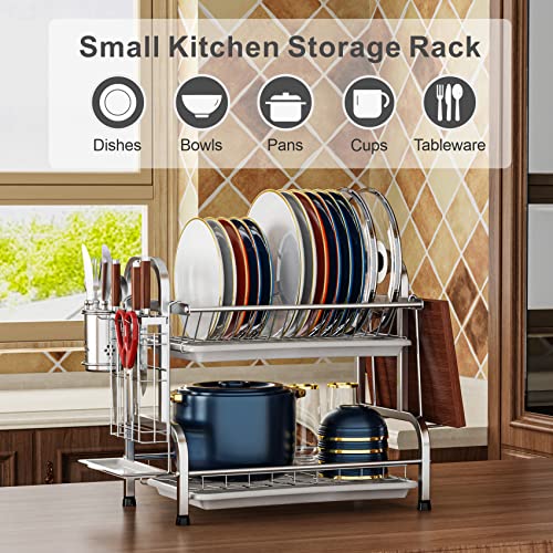 iSPECLE Dish Drying Rack, 304 Stainless Steel 2-Tier Dish Rack with Utensil Holder, Cutting Board Holder and Dish Drainer for Kitchen Counter