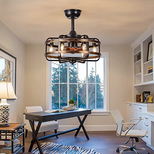 IYUNXI Ceiling Fan with Lights, Farmhouse Light Caged, 18in Industrial Flush Mount Fan Lights Ceiling Fixtures Vintage Bladeless Ceiling Fans Remote Control Bedroom 6xE12 Bulb Base