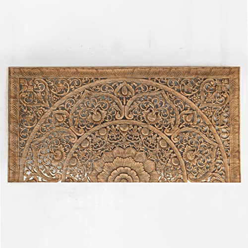 Rectangular King Size Bed Headboard, Wall Mounted Hanging Wooden Panels, Hand Carved Teak Wood Furniture, Rustic Brown color, 76x38 inches