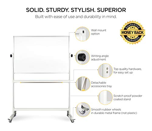 Rolling Whiteboard Dry Erase Board on Wheels with Stand 48x32" Large, Portable, Double Sided Mobile Whiteboard on Wheels with Magnetic Eraser, Ruler, 2 Gridding Tapes, 12 Pin Magnets for Home Office